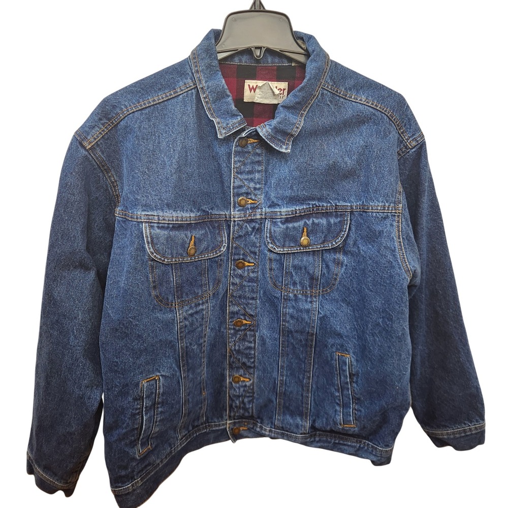 Wrangler Rugged Wear Mens XXL Blue Denim Jacket Buffalo Plaid Lined Trucker Coat